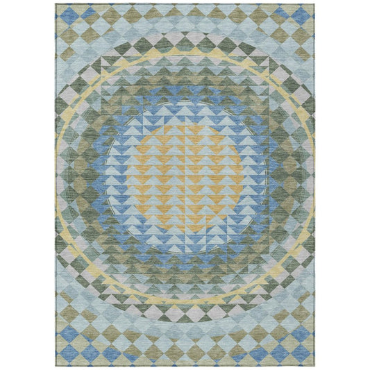 5' X 8' Blue And Silver Geometric Washable Indoor Outdoor Area Rug
