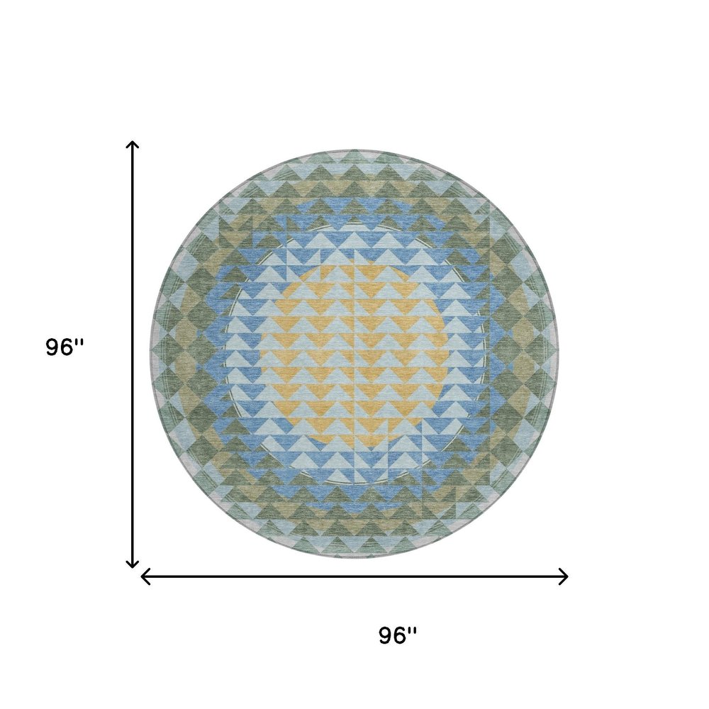 8' Blue And Silver Round Geometric Washable Indoor Outdoor Area Rug HomeRoots