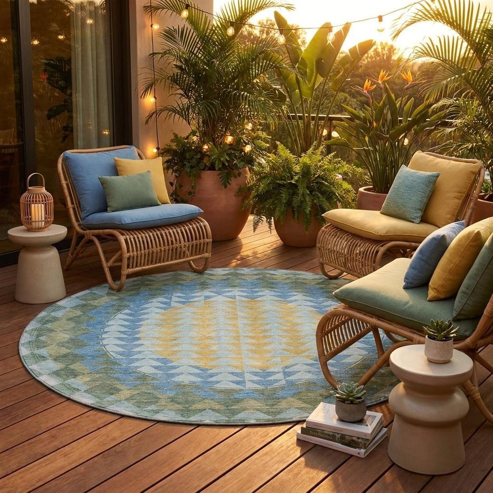 8' Blue And Silver Round Geometric Washable Indoor Outdoor Area Rug HomeRoots