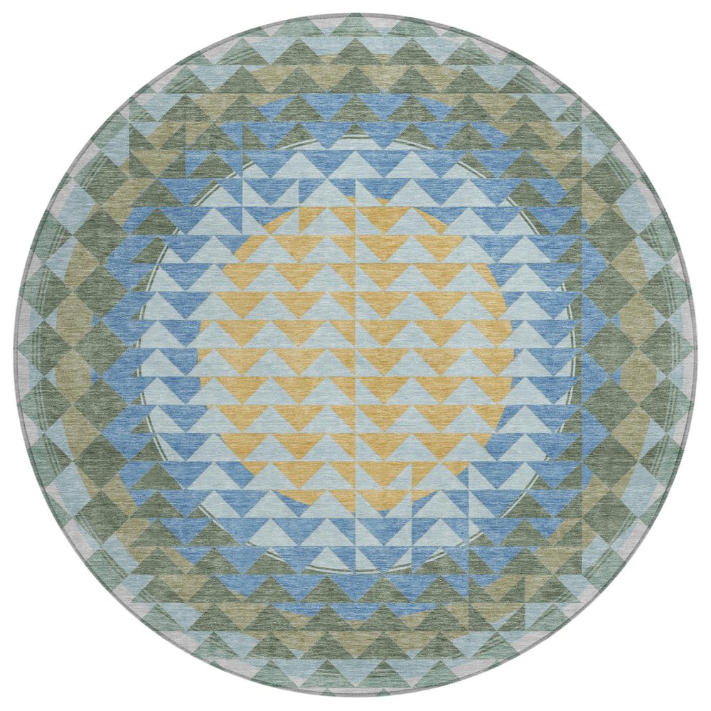 8' Blue And Silver Round Geometric Washable Indoor Outdoor Area Rug — view 1