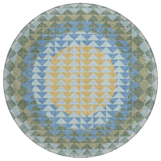8' Blue And Silver Round Geometric Washable Indoor Outdoor Area Rug