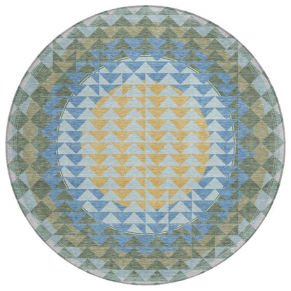 8' Blue And Silver Round Geometric Washable Indoor Outdoor Area Rug HomeRoots