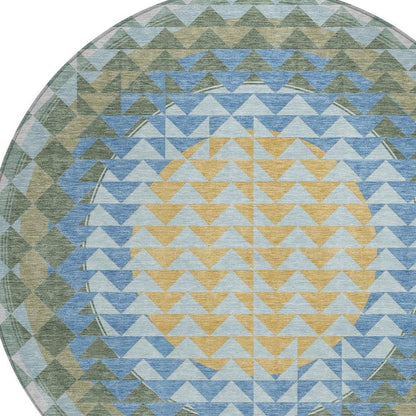 8' Blue And Silver Round Geometric Washable Indoor Outdoor Area Rug HomeRoots