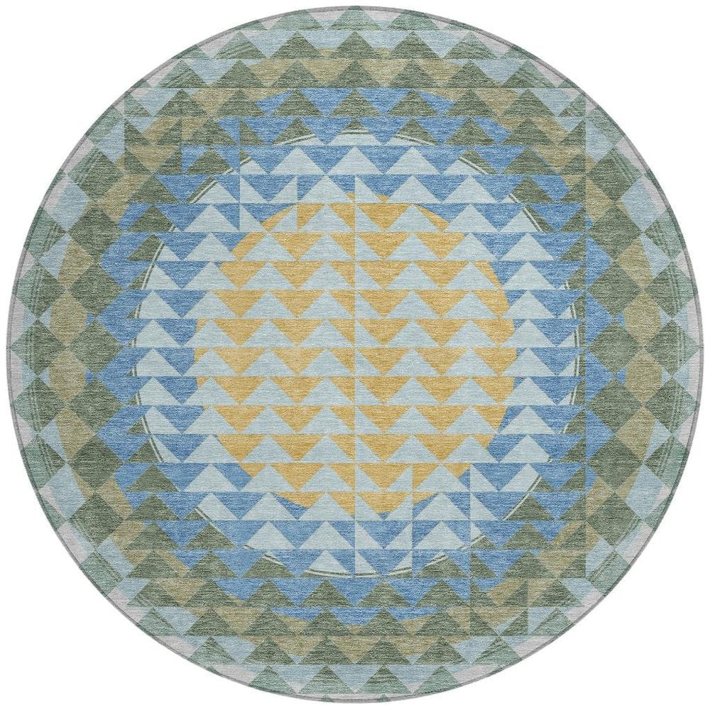 8' Blue And Silver Round Geometric Washable Indoor Outdoor Area Rug — view 5