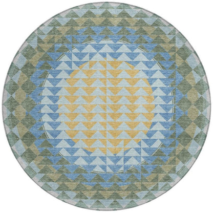 8' Blue And Silver Round Geometric Washable Indoor Outdoor Area Rug HomeRoots