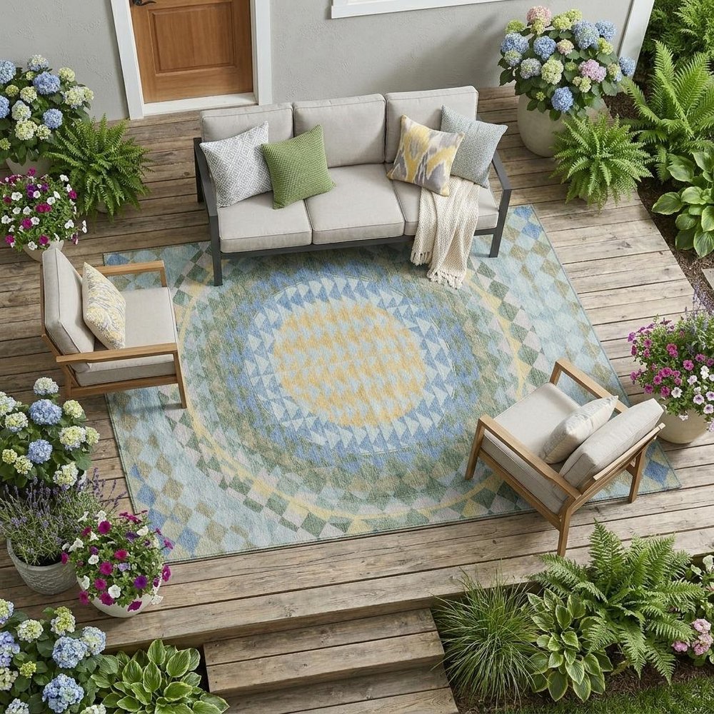 8' X 10' Blue And Silver Geometric Washable Indoor Outdoor Area Rug — view 7