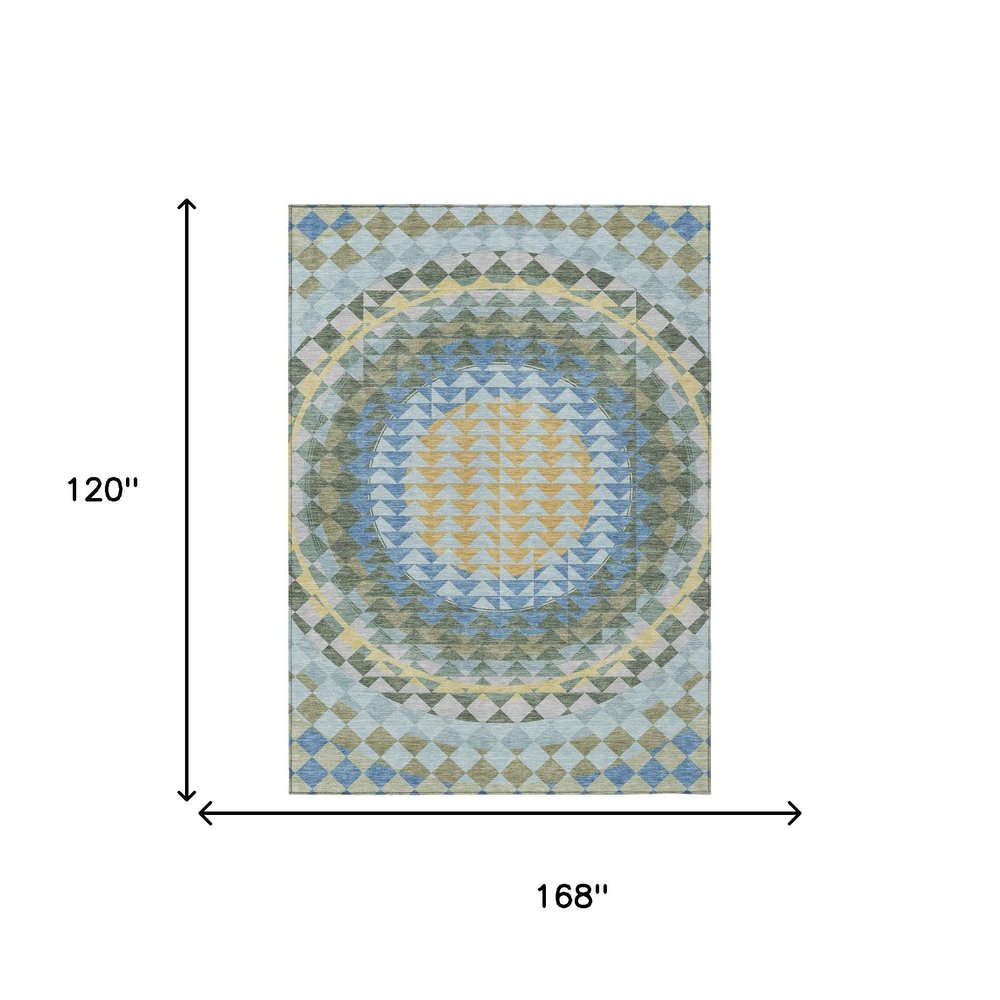 10' X 14' Blue And Silver Geometric Washable Indoor Outdoor Area Rug