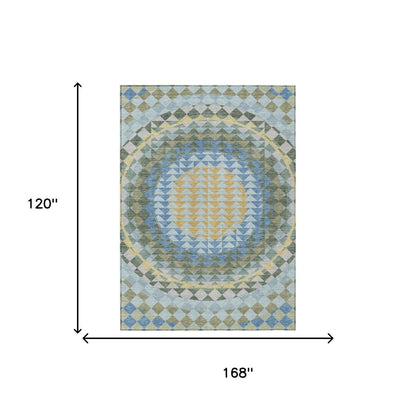 10' X 14' Blue And Silver Geometric Washable Indoor Outdoor Area Rug