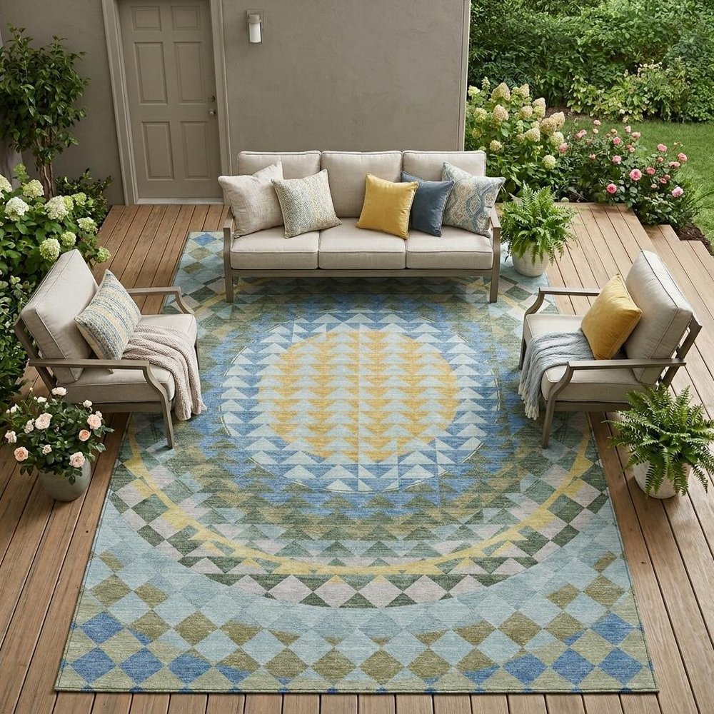 10' X 14' Blue And Silver Geometric Washable Indoor Outdoor Area Rug HomeRoots