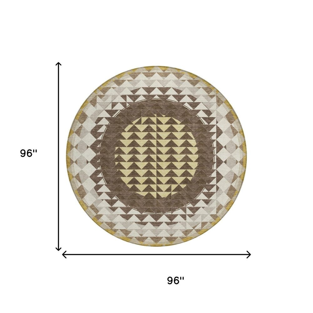 8' Chocolate And Green Round Geometric Washable Indoor Outdoor Area Rug — view 6