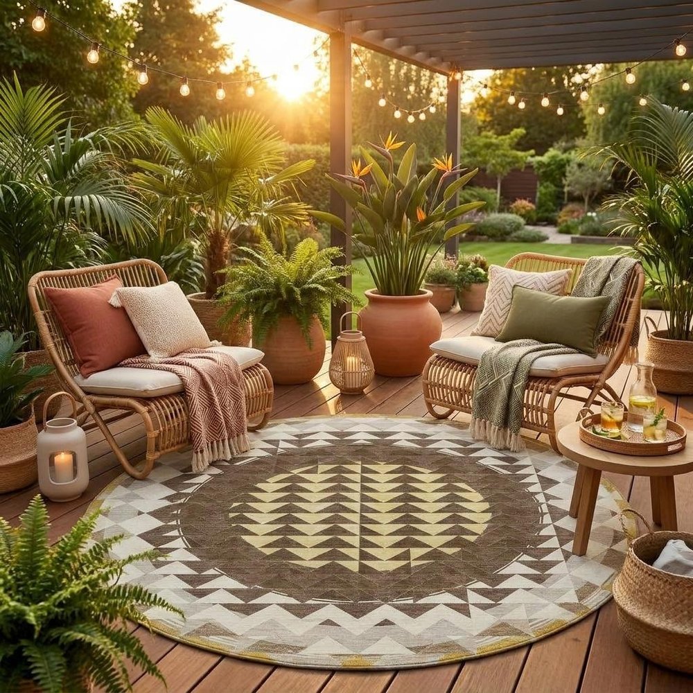 8' Chocolate And Green Round Geometric Washable Indoor Outdoor Area Rug — view 7