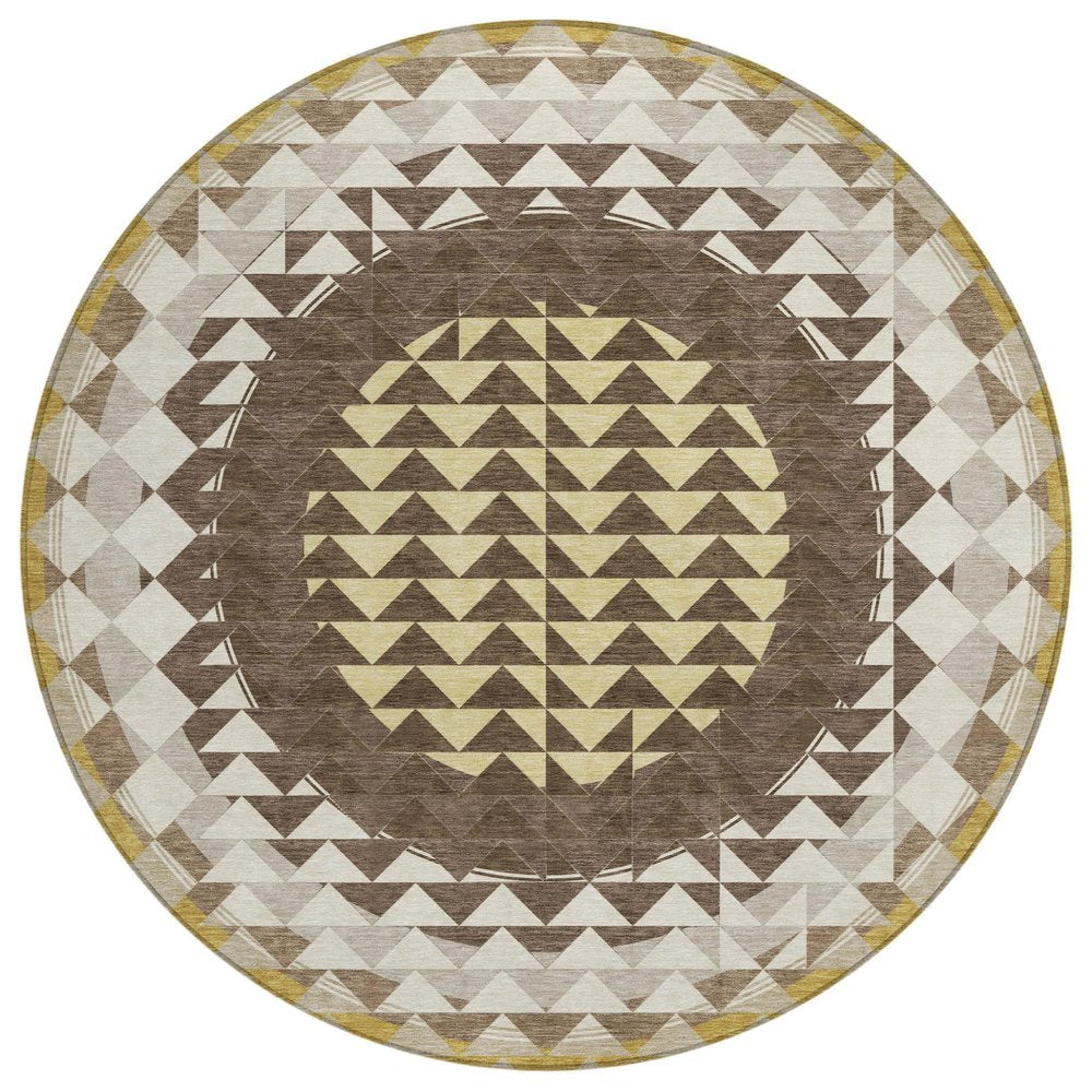 8' Chocolate And Green Round Geometric Washable Indoor Outdoor Area Rug — view 1