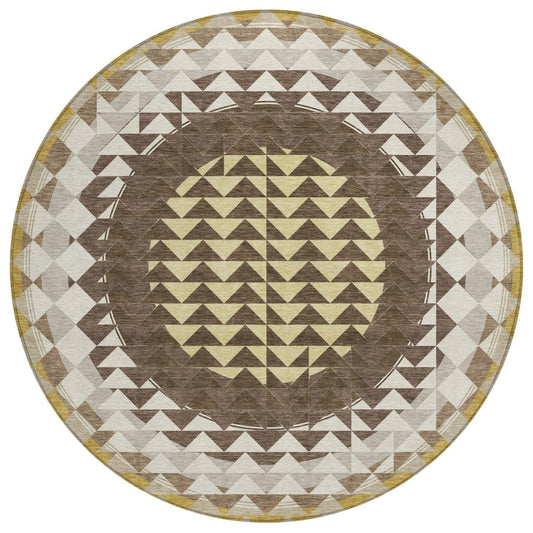 8' Chocolate And Green Round Geometric Washable Indoor Outdoor Area Rug