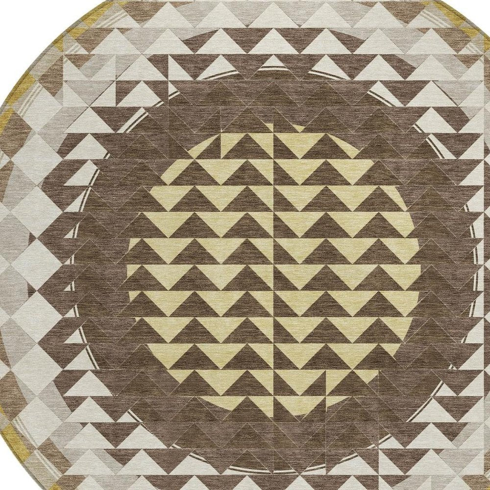 8' Chocolate And Green Round Geometric Washable Indoor Outdoor Area Rug — view 4