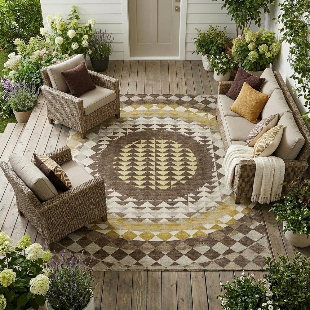 8' X 10' Chocolate And Green Geometric Washable Indoor Outdoor Area Rug — view 7
