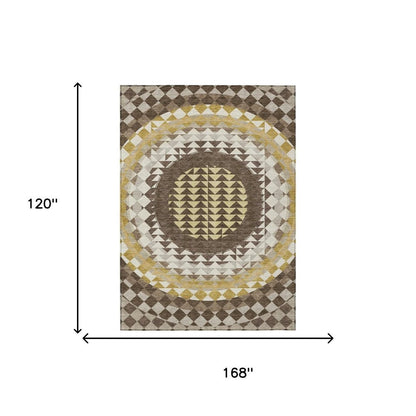 10' X 14' Chocolate And Green Geometric Washable Indoor Outdoor Area Rug