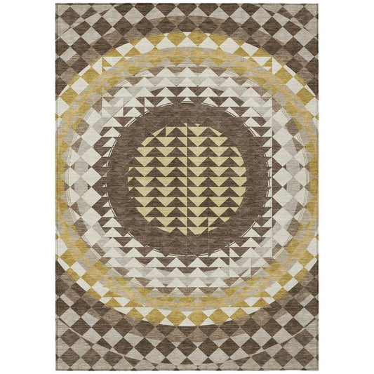 10' X 14' Chocolate And Green Geometric Washable Indoor Outdoor Area Rug