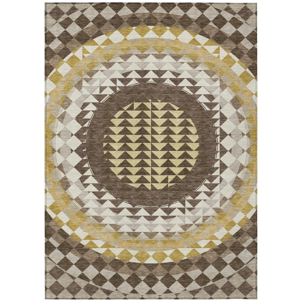 10' X 14' Chocolate And Green Geometric Washable Indoor Outdoor Area Rug — view 1