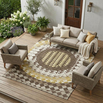 10' X 14' Chocolate And Green Geometric Washable Indoor Outdoor Area Rug