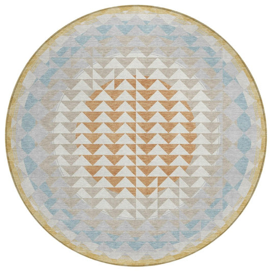 8' Ivory And Plum Round Geometric Washable Indoor Outdoor Area Rug