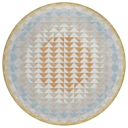 8' Ivory And Plum Round Geometric Washable Indoor Outdoor Area Rug