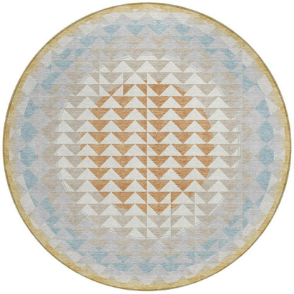 8' Ivory And Plum Round Geometric Washable Indoor Outdoor Area Rug