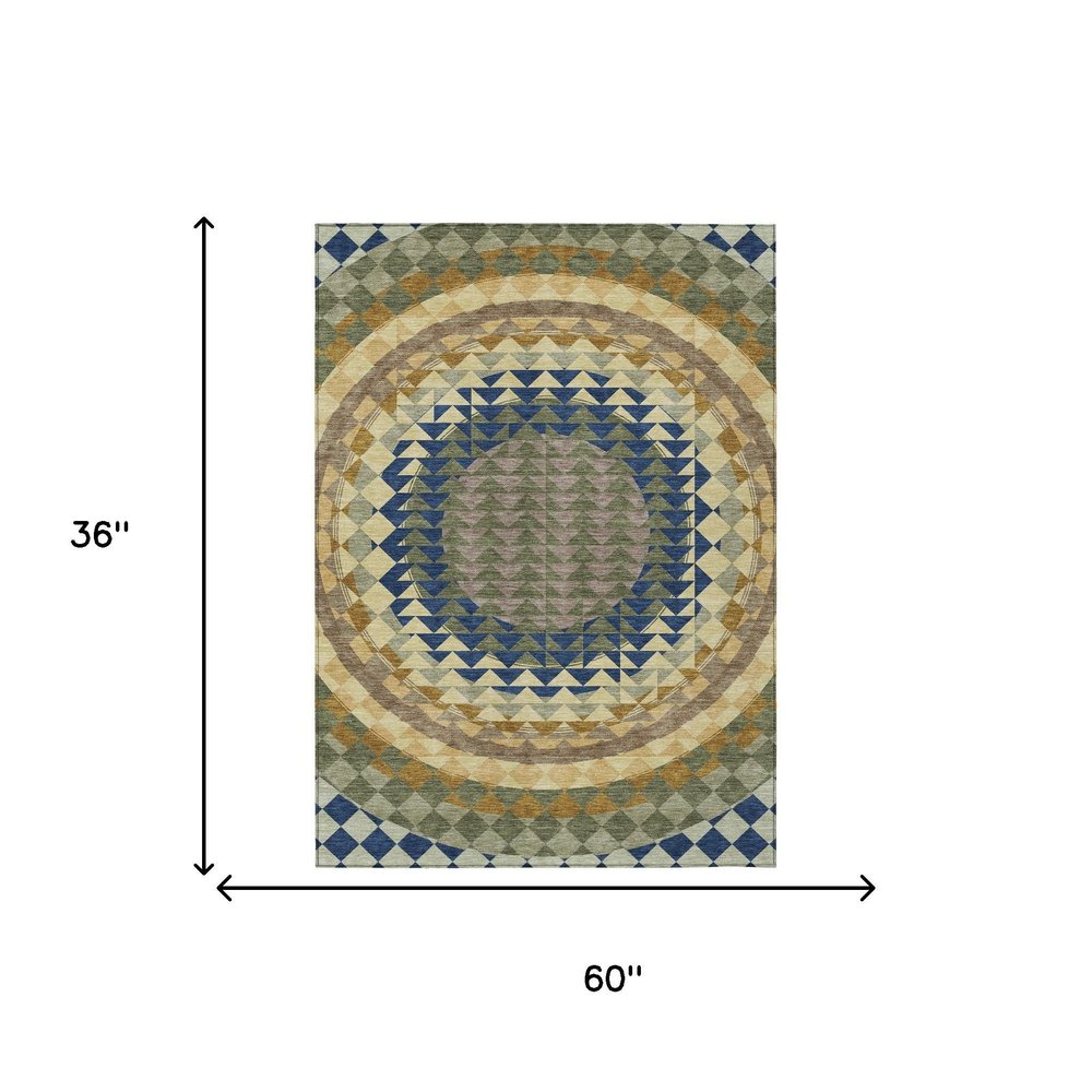 3' X 5' Olive Green And Rust Geometric Washable Indoor Outdoor Area Rug HomeRoots