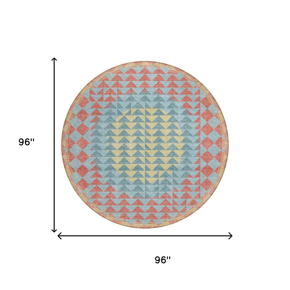 8' Teal Blue And Granite Gray Round Geometric Washable Indoor Outdoor Area Rug HomeRoots