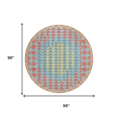 8' Teal Blue And Granite Gray Round Geometric Washable Indoor Outdoor Area Rug HomeRoots