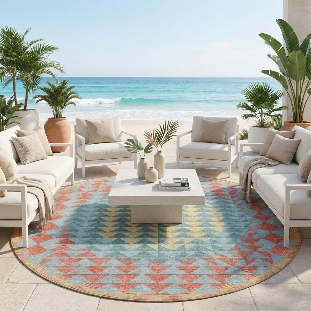 8' Teal Blue And Granite Gray Round Geometric Washable Indoor Outdoor Area Rug HomeRoots