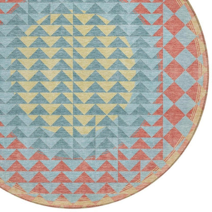 8' Teal Blue And Granite Gray Round Geometric Washable Indoor Outdoor Area Rug HomeRoots