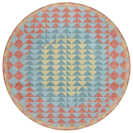 8' Teal Blue And Granite Gray Round Geometric Washable Indoor Outdoor Area Rug
