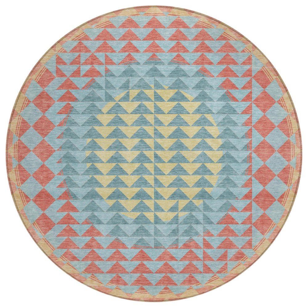 8' Teal Blue And Granite Gray Round Geometric Washable Indoor Outdoor Area Rug HomeRoots