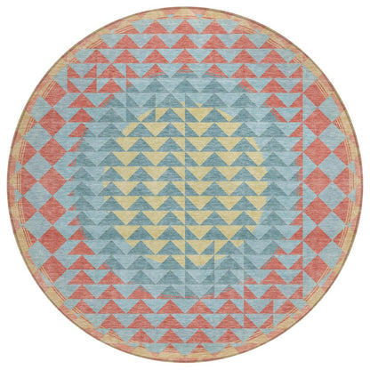 8' Teal Blue And Granite Gray Round Geometric Washable Indoor Outdoor Area Rug HomeRoots