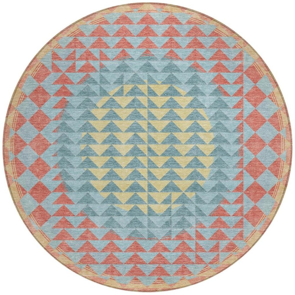 8' Teal Blue And Granite Gray Round Geometric Washable Indoor Outdoor Area Rug HomeRoots