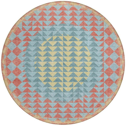 8' Teal Blue And Granite Gray Round Geometric Washable Indoor Outdoor Area Rug HomeRoots