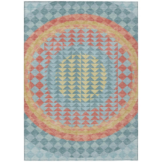 9' X 12' Teal Blue And Granite Gray Geometric Washable Indoor Outdoor Area Rug