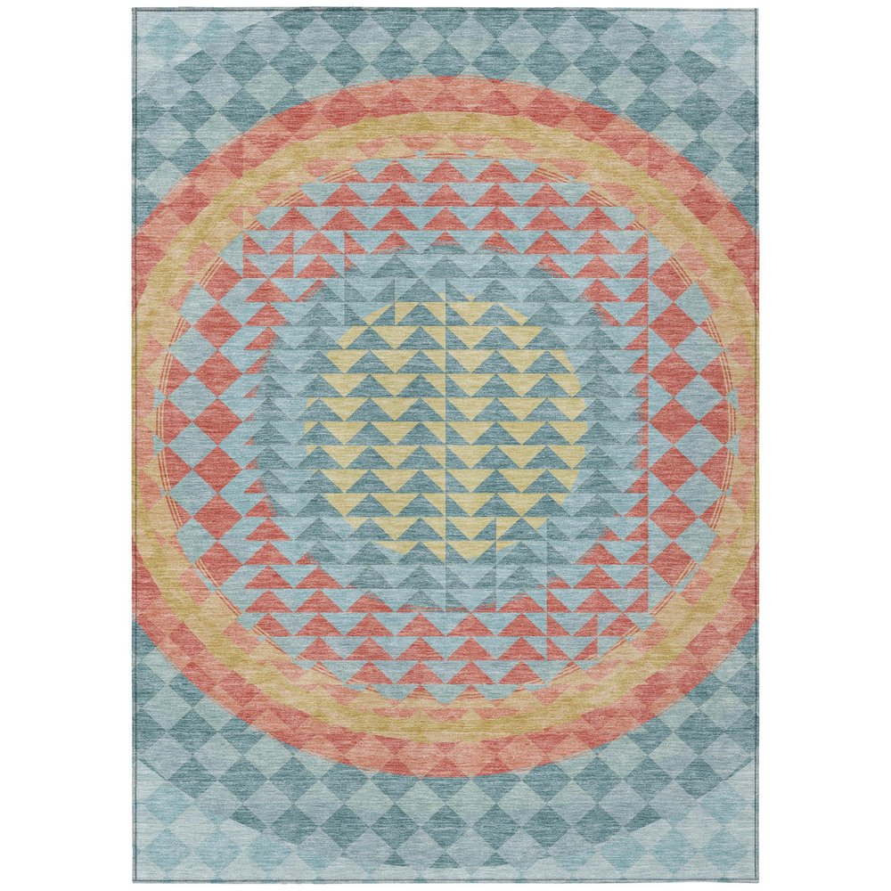 9' X 12' Teal Blue And Granite Gray Geometric Washable Indoor Outdoor Area Rug — view 1