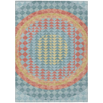 9' X 12' Teal Blue And Granite Gray Geometric Washable Indoor Outdoor Area Rug HomeRoots