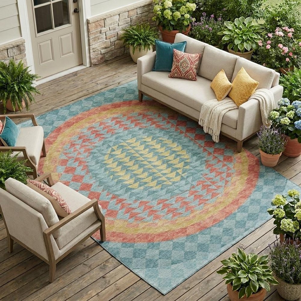 9' X 12' Teal Blue And Granite Gray Geometric Washable Indoor Outdoor Area Rug — view 7