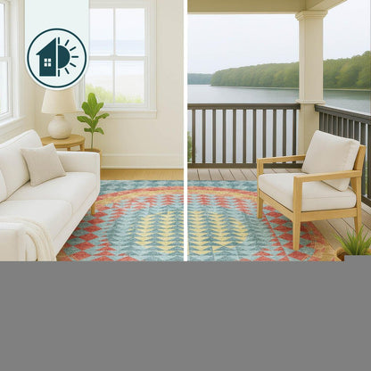 10' X 14' Teal Blue And Granite Gray Geometric Washable Indoor Outdoor Area Rug HomeRoots