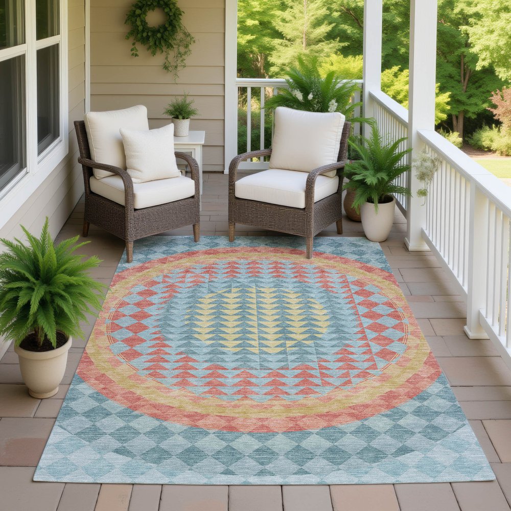 10' X 14' Teal Blue And Granite Gray Geometric Washable Indoor Outdoor Area Rug HomeRoots