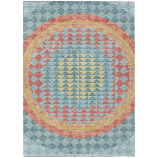 10' X 14' Teal Blue And Granite Gray Geometric Washable Indoor Outdoor Area Rug