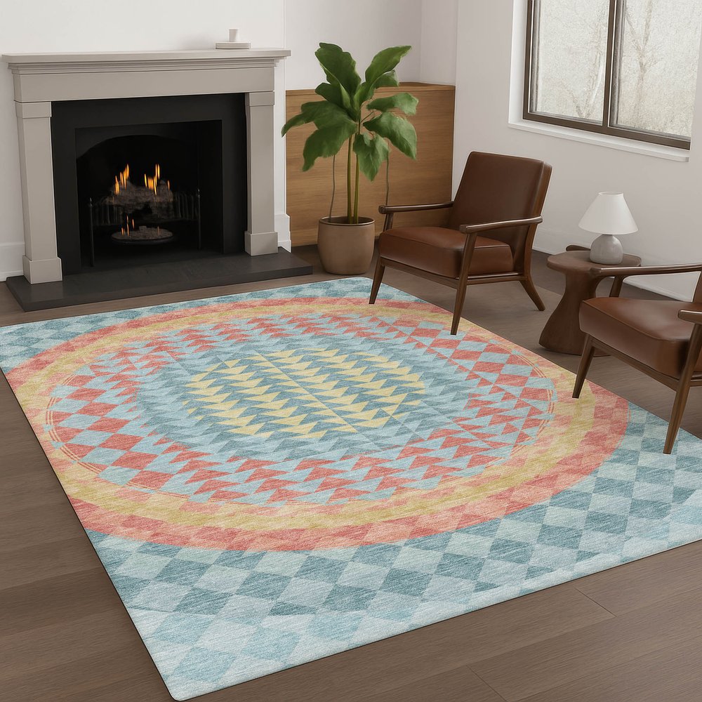 10' X 14' Teal Blue And Granite Gray Geometric Washable Indoor Outdoor Area Rug HomeRoots