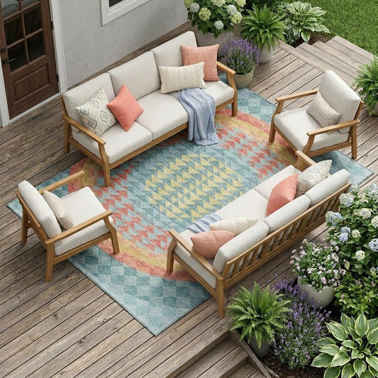 10' X 14' Teal Blue And Granite Gray Geometric Washable Indoor Outdoor Area Rug