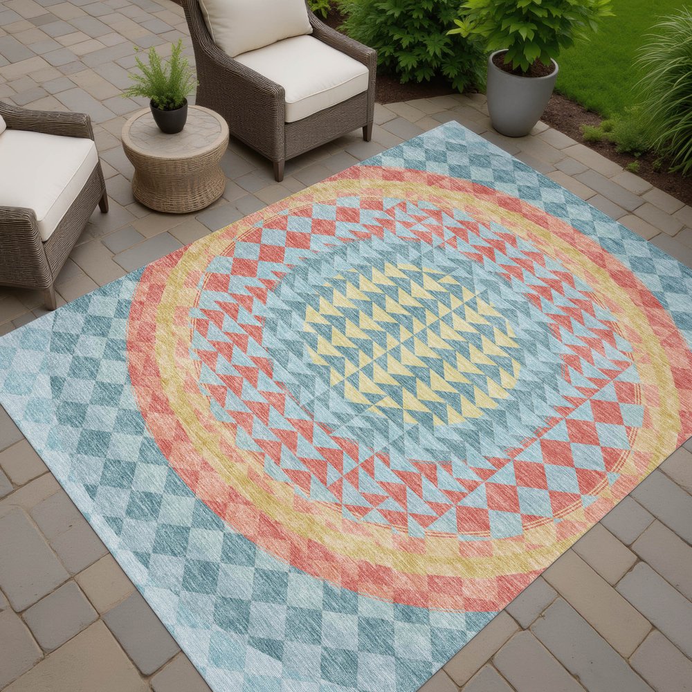 10' X 14' Teal Blue And Granite Gray Geometric Washable Indoor Outdoor Area Rug — view 8