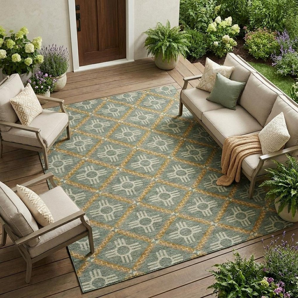 9' X 12' Green And Red Geometric Washable Indoor Outdoor Area Rug — view 7