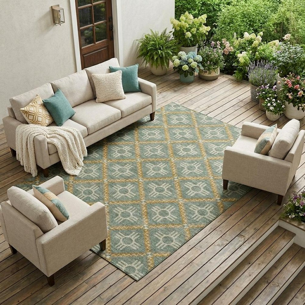 10' X 14' Green And Red Geometric Washable Indoor Outdoor Area Rug — view 1