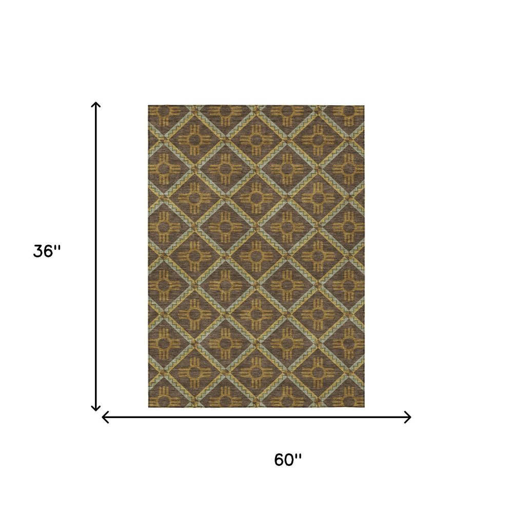3' X 5' Chocolate And Taupe Geometric Washable Indoor Outdoor Area Rug — view 5