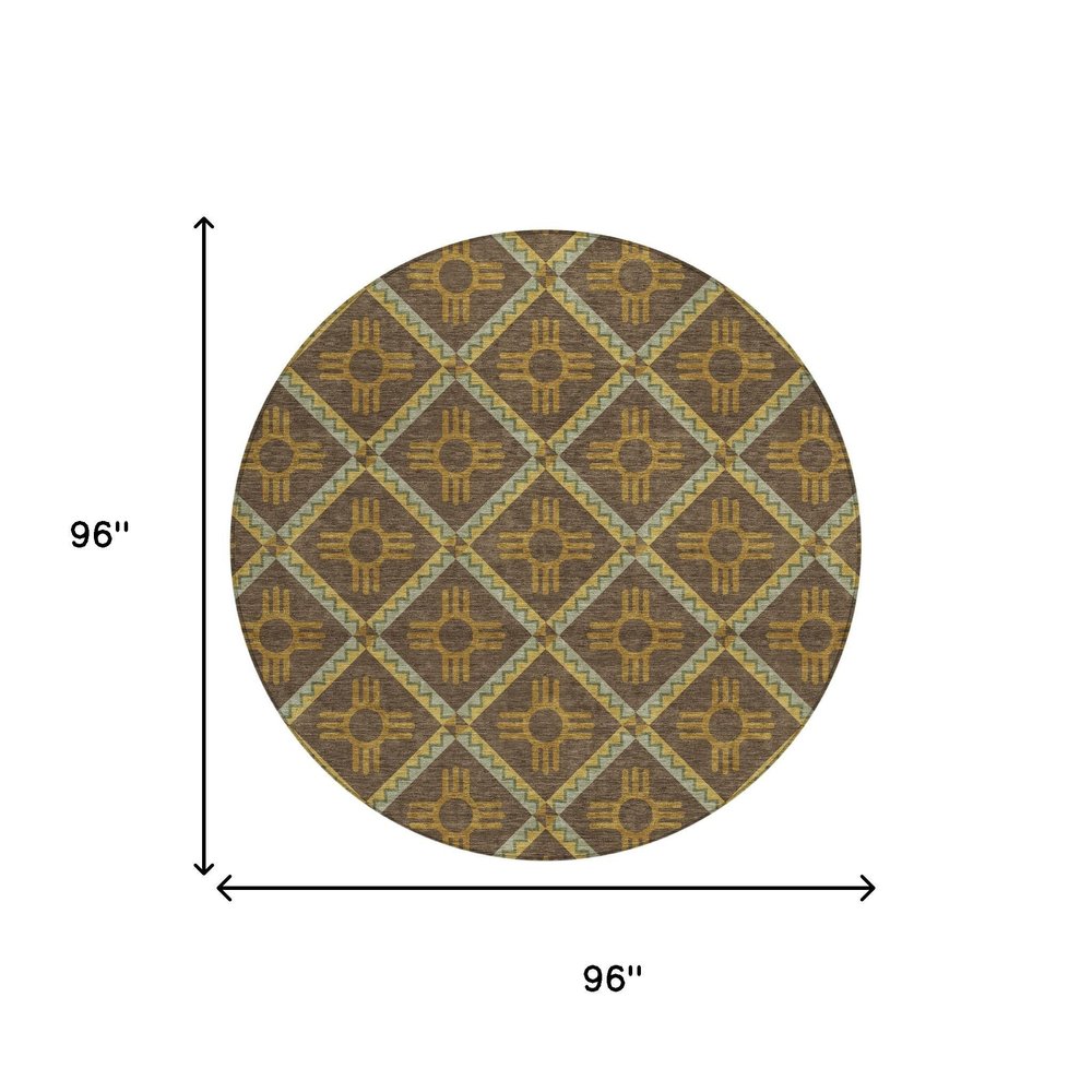 8' Chocolate And Taupe Round Geometric Washable Indoor Outdoor Area Rug — view 6